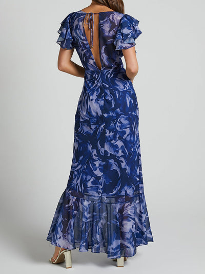 Navy Swirl V-Neck Flutter Sleeve Maxi Dress