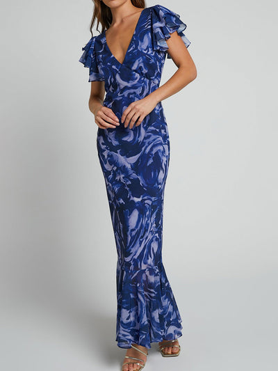 Navy Swirl V-Neck Flutter Sleeve Maxi Dress